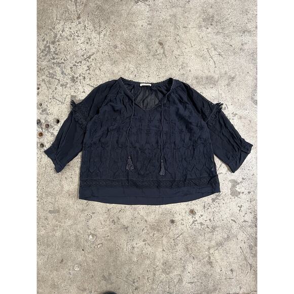 ULLA JOHNSON Silk Floral Embroidered‎ Navy Peasant Top, Tassel Silk Size 4 - Picture 1 of 10